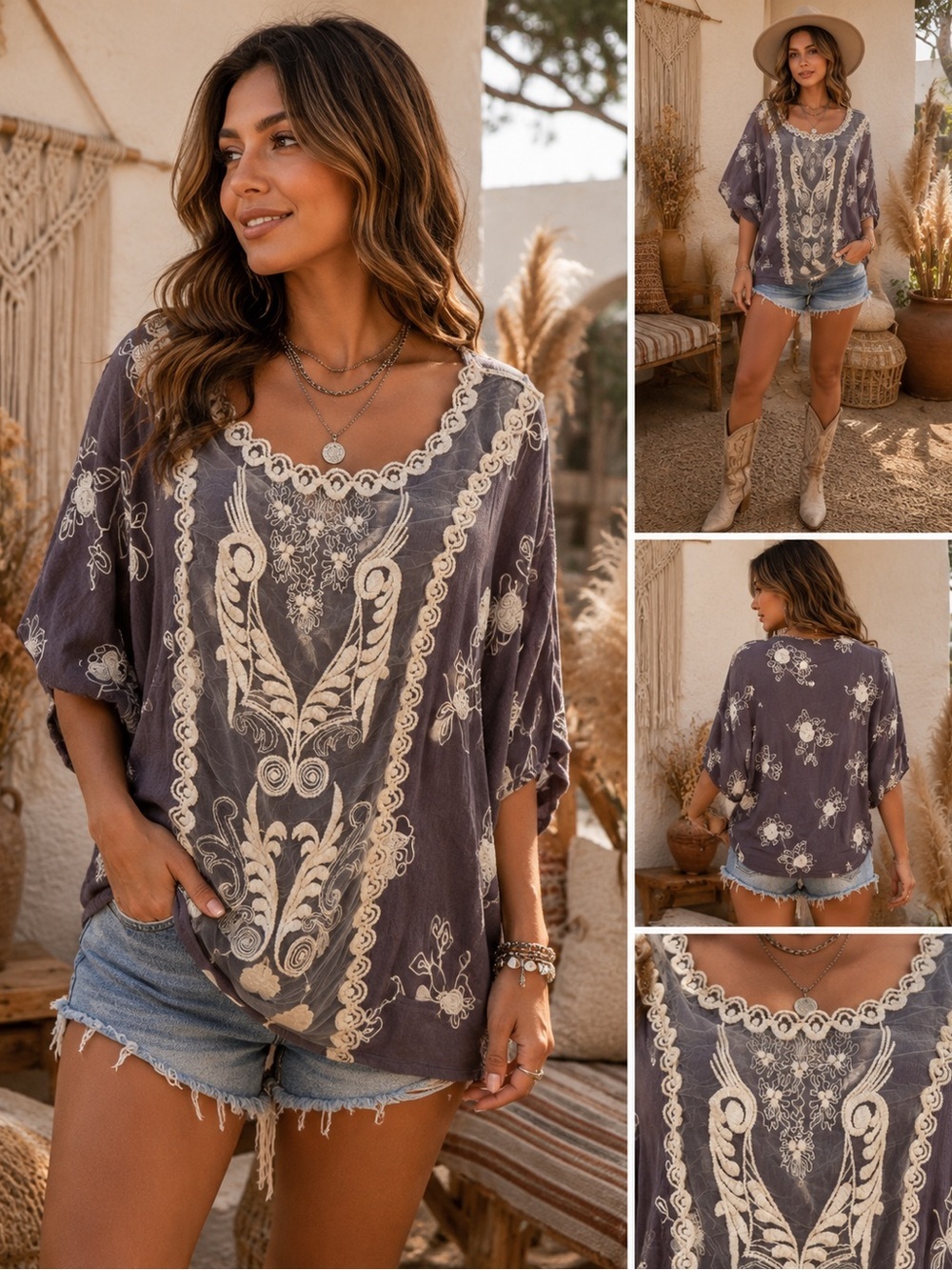 Boho Umgee Slate Tunic with Cream Embroidery
